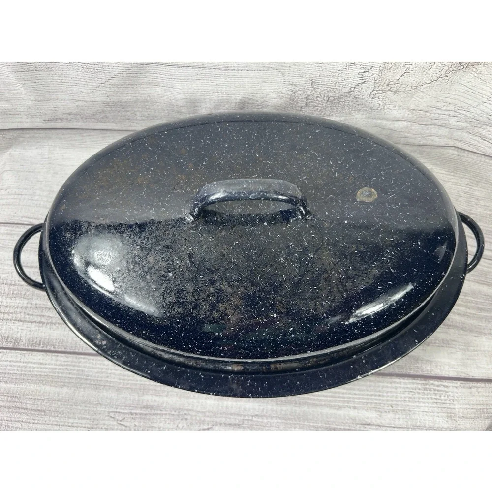 Vintage Savory Jr Oval Blue Enamel Double-Walled Roaster 12 1/2